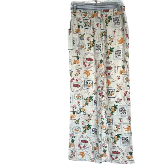 New Rachel Zoe Linen Blend Pants Sz S Wide Leg Cream & Green Tropical Fruit NWT - Picture 3 of 8